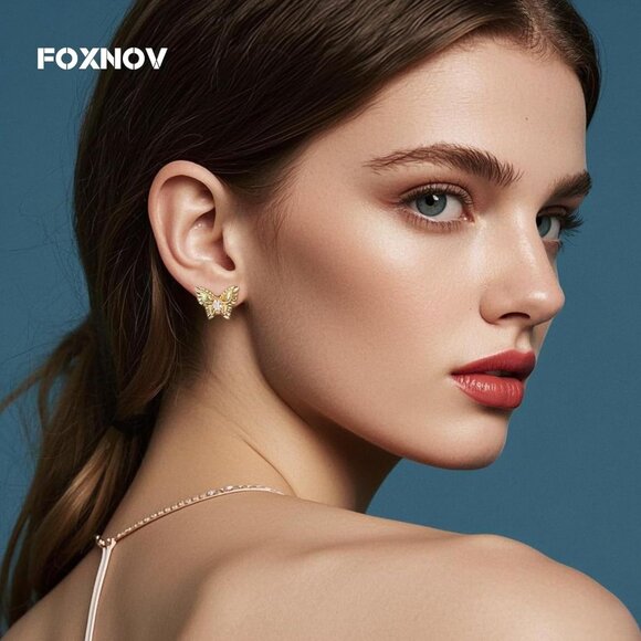 Women's Gold Crystal Cute Butterfly Stud Gold Plated Lightweight Earrings - Picture 4 of 5